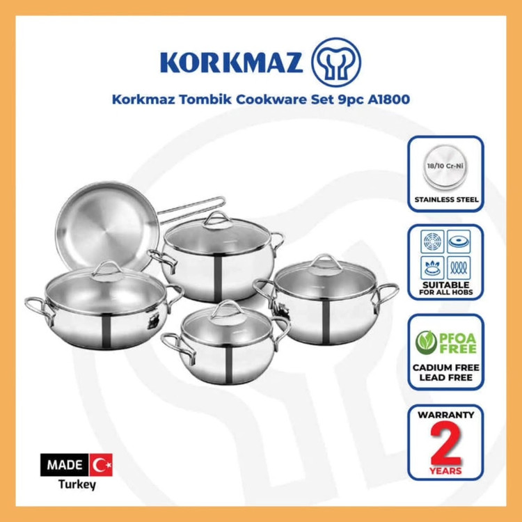 سرویس پخت و پز ۹ پارچه استیل برند: کرکماز (KORKMAZ) مدل:Tombik A1800